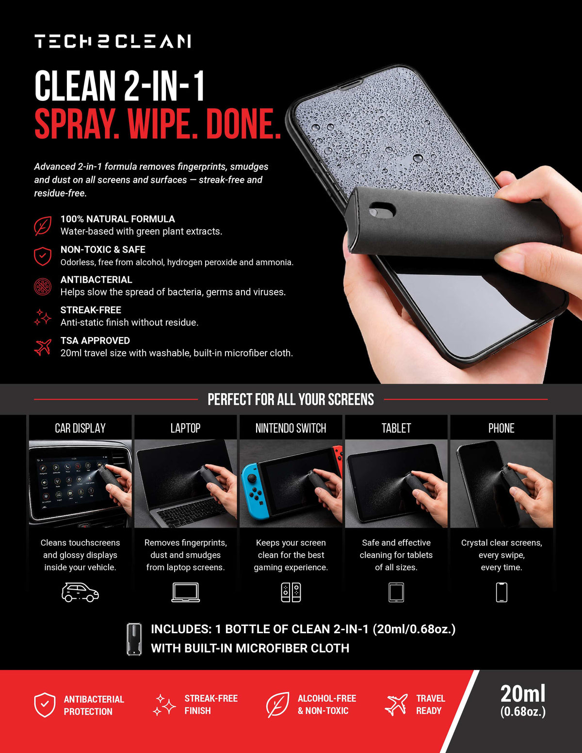 Two-in-One Pocket Electronics Cleaner – 20 mL + Built-In Cloth - TECH2CLEAN